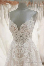 A-Line Spaghetti Straps Tulle Wedding Dress Appliqued Bridal Dress