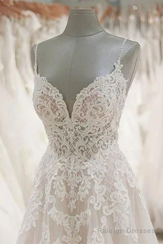 A-Line Spaghetti Straps Tulle Wedding Dress Appliqued Bridal Dress