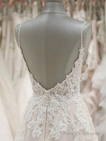 A Line Spaghetti Straps Tulle Wedding Dresses Appliqued Bridal Dresses