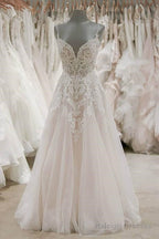 A-Line Spaghetti Straps Tulle Wedding Dress Appliqued Bridal Dress