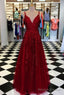 A-Line Spaghetti Straps V Neck Lace Prom Dresses