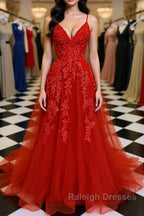 A Line Spaghetti Straps V Neck Red Lace Long Prom Dress, Red Lace Formal Dress, Red Evening Dress