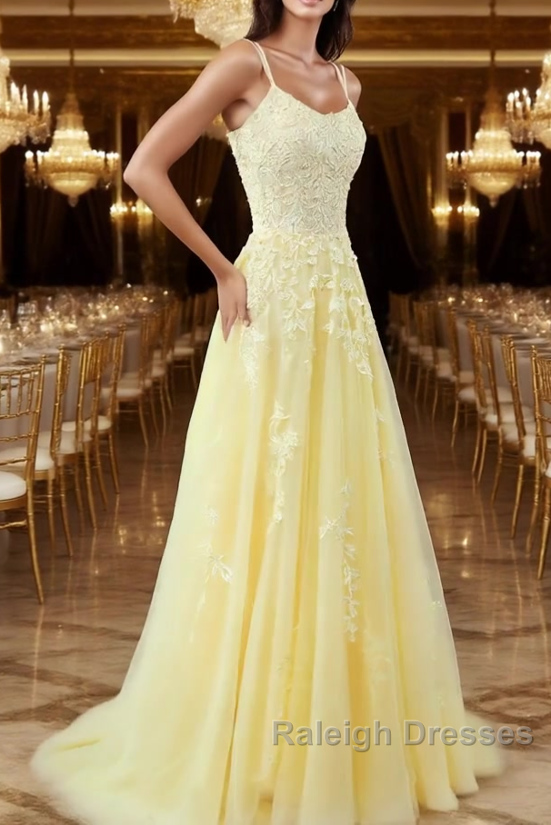A-Line Spaghetti Straps Yellow Prom Dresses Long With Appliques Pretty Dresses
