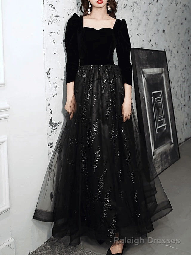 A-Line Sparkle Elegant Prom Formal Evening Dress Square Neck Sweetheart Neckline Long Sleeve Floor Length Tulle Velvet With Pleats Sequin Secondary image