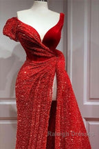 A-Line Sparkle & Shine High Split Prom Formal Evening Dress V Neck Short Sleeve Court Train Satin With Sequin Slit