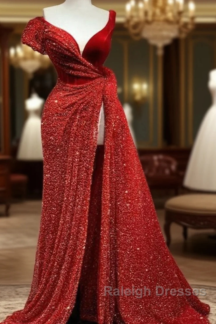 A-Line Sparkle & Shine High Split Prom Formal Evening Dress V Neck Short Sleeve Court Train Satin With Sequin Slit