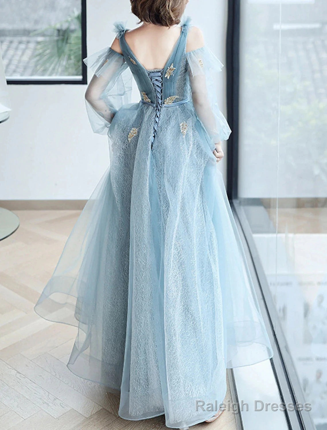 A-Line Sparkle & Shine Puffy Prom Formal Evening Dress V Neck Long Sleeve Floor Length Polyester With Sequin Butterfly Secondary image