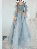 A-Line Sparkle & Shine Puffy Prom Formal Evening Dress V Neck Long Sleeve Floor Length Polyester With Sequin Butterfly