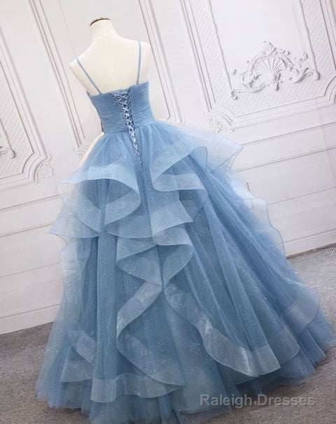 A Line Sparkly Blue Evening Dresses Tulle Prom Dresses Spaghetti Straps