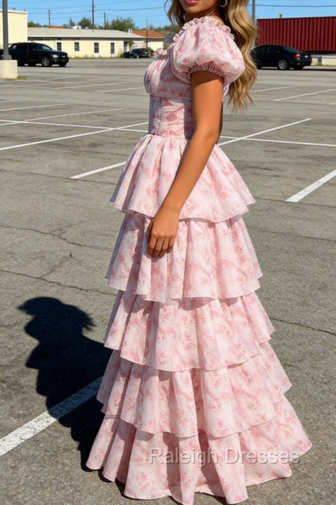 A Line Square Neck Blush Pink Tiered Prom Dress with Ruffles Secondary image