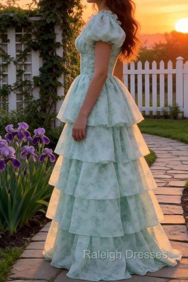 A Line Square Neck Green Tiered Prom Dress with Ruffles Secondary image