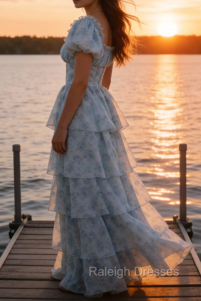 A Line Square Neck Light Blue Tiered Prom Dress with Ruffles Secondary image