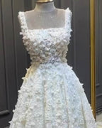 A-Line Square Neck Satin Wedding Dresses With 3D Flwoers