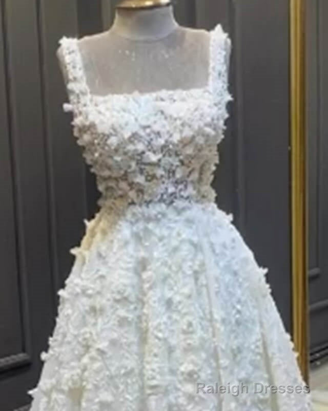 A-Line Square Neck Satin Wedding Dresses With 3D Flwoers