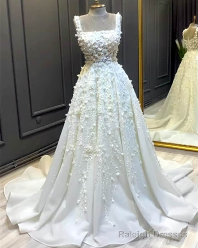 A-Line Square Neck Satin Wedding Dresses With 3D Flwoers Main image