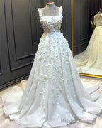 A-Line Square Neck Satin Wedding Dresses With 3D Flwoers