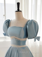 A Line Square Neckline Blue Short Prom Dresses Cute Blue Homecoming Dresses