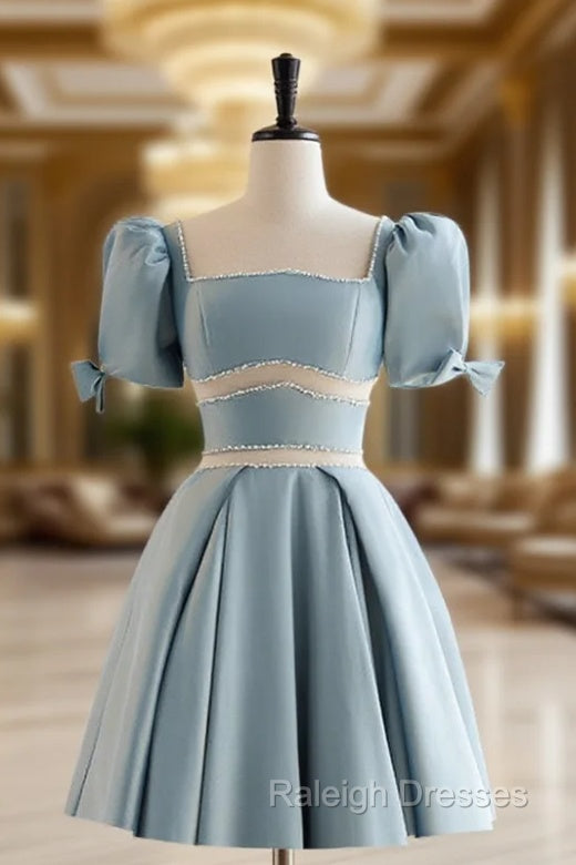 A-Line Square Neckline Blue Short Prom Dress, Cute Blue Homecoming Dress Main image