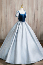 A-Line Square Neckline Floor Length Prom Dresses Blue Short Sleeve Prom Dresses