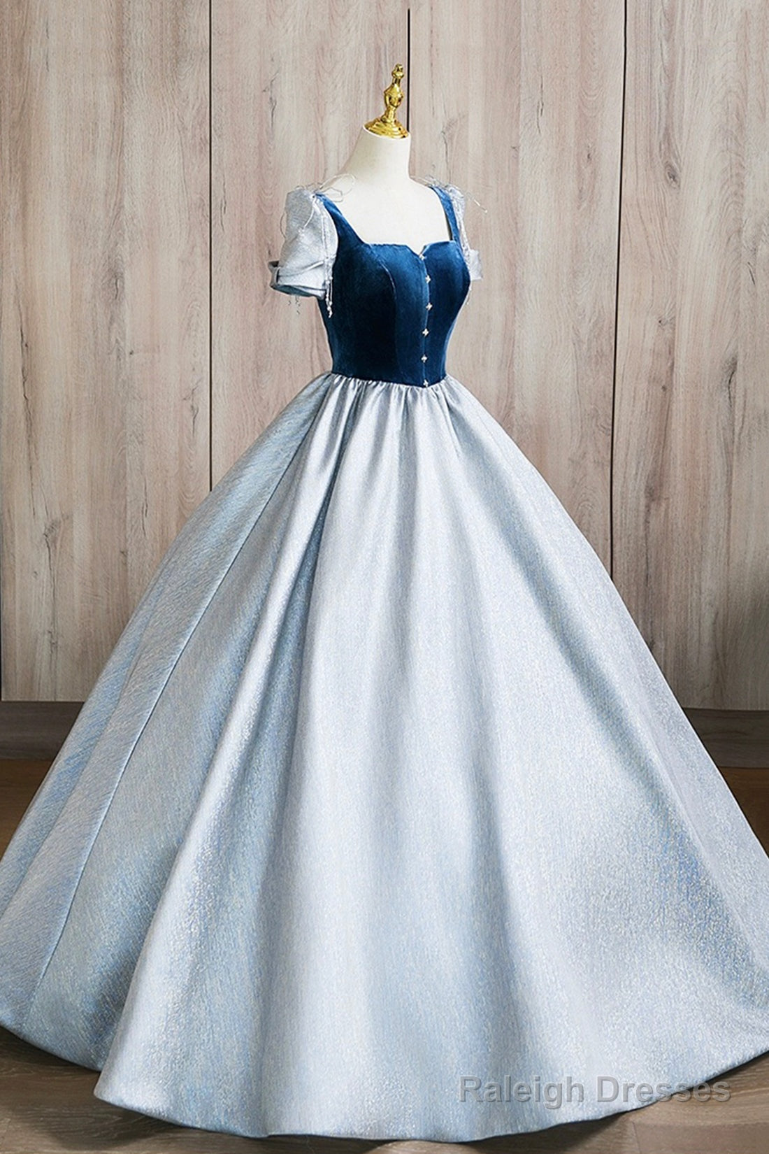 A-Line Square Neckline Floor Length Prom Dresses Blue Short Sleeve Prom Dresses