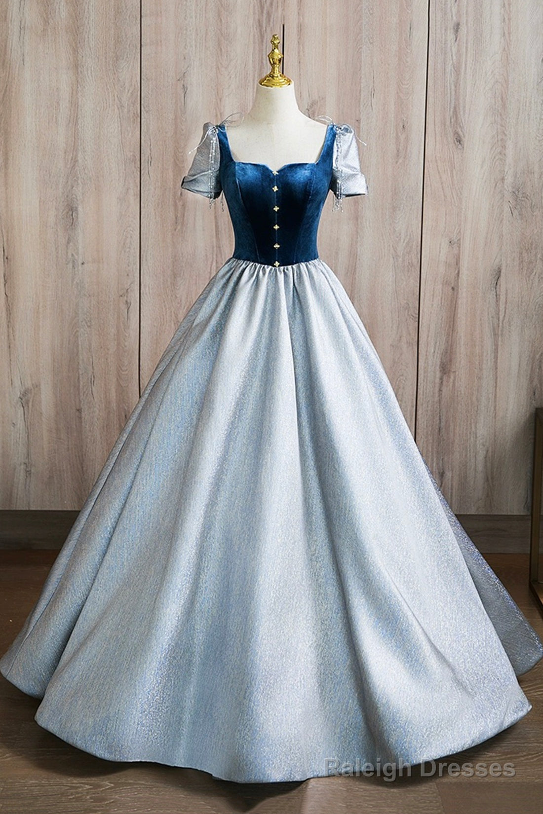 A-Line Square Neckline Floor Length Prom Dresses Blue Short Sleeve Prom Dresses Main image