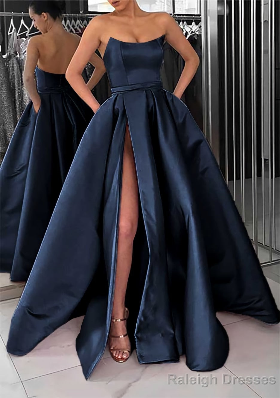 A-line Square Neckline Long/Floor-Length Satin Prom Dresses With Pockets Split