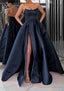 A-line Square Neckline Long/Floor-Length Satin Prom Dresses With Pockets Split