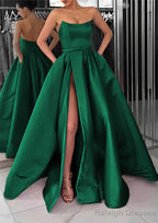A-line Square Neckline Long/Floor-Length Satin Prom Dresses With Pockets Split