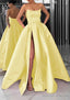 A Line Square Neckline Long Dress Floor Length Satin Prom Dress With Pockets Split