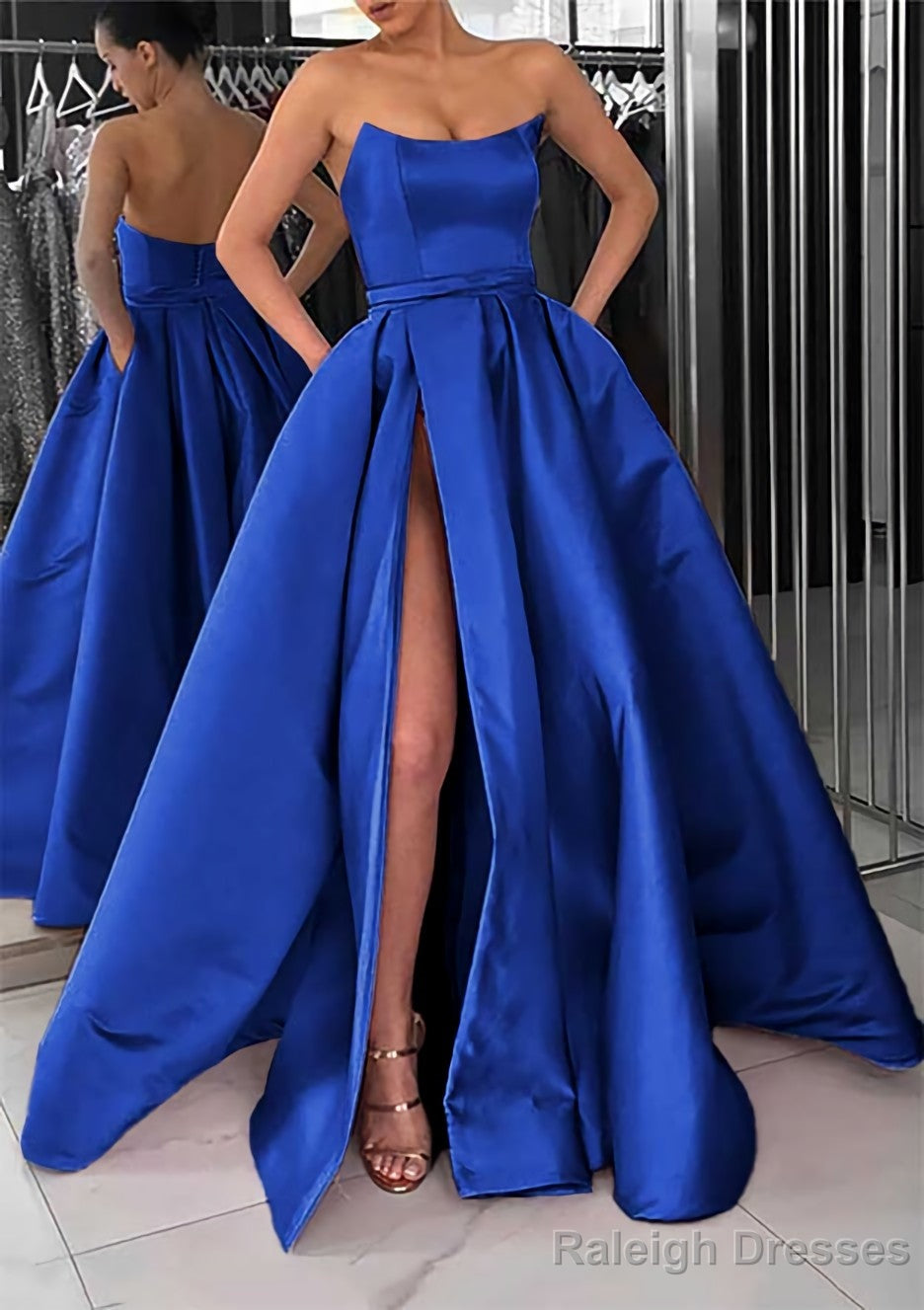 A-line Square Neckline Long/Floor-Length Satin Prom Dresses With Pockets Split Secondary image
