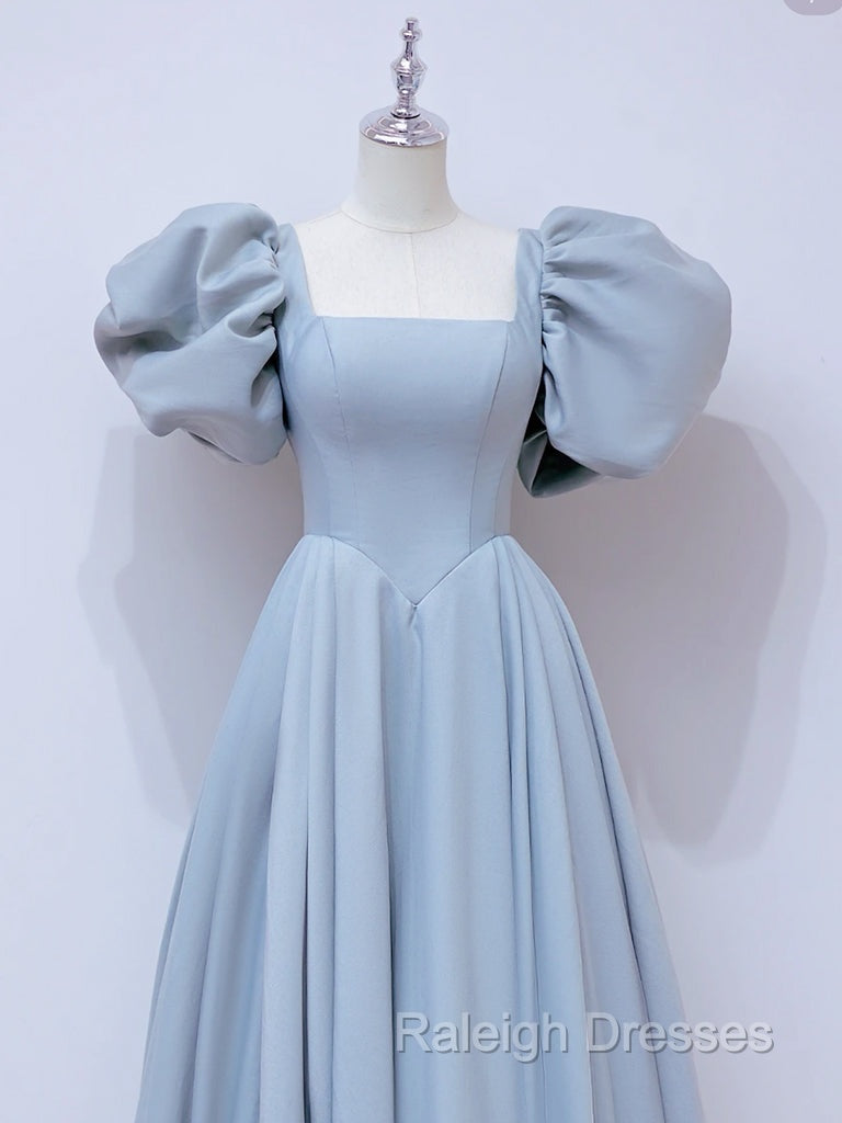 A-Line  Square Neckline Puff sleeves Long Blue Prom Dress, Blue Long Formal Dress