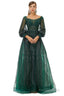 A-Line Square Neckline Sequined Floor-Length Long Sleeve Open Back Appliques Lace Prom Dresses