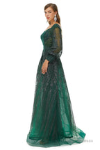 A-Line Square Neckline Sequined Floor-Length Long Sleeve Open Back Appliques Lace Prom Dresses