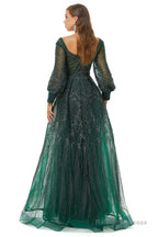 A-Line Square Neckline Sequined Floor-Length Long Sleeve Open Back Appliques Lace Prom Dresses