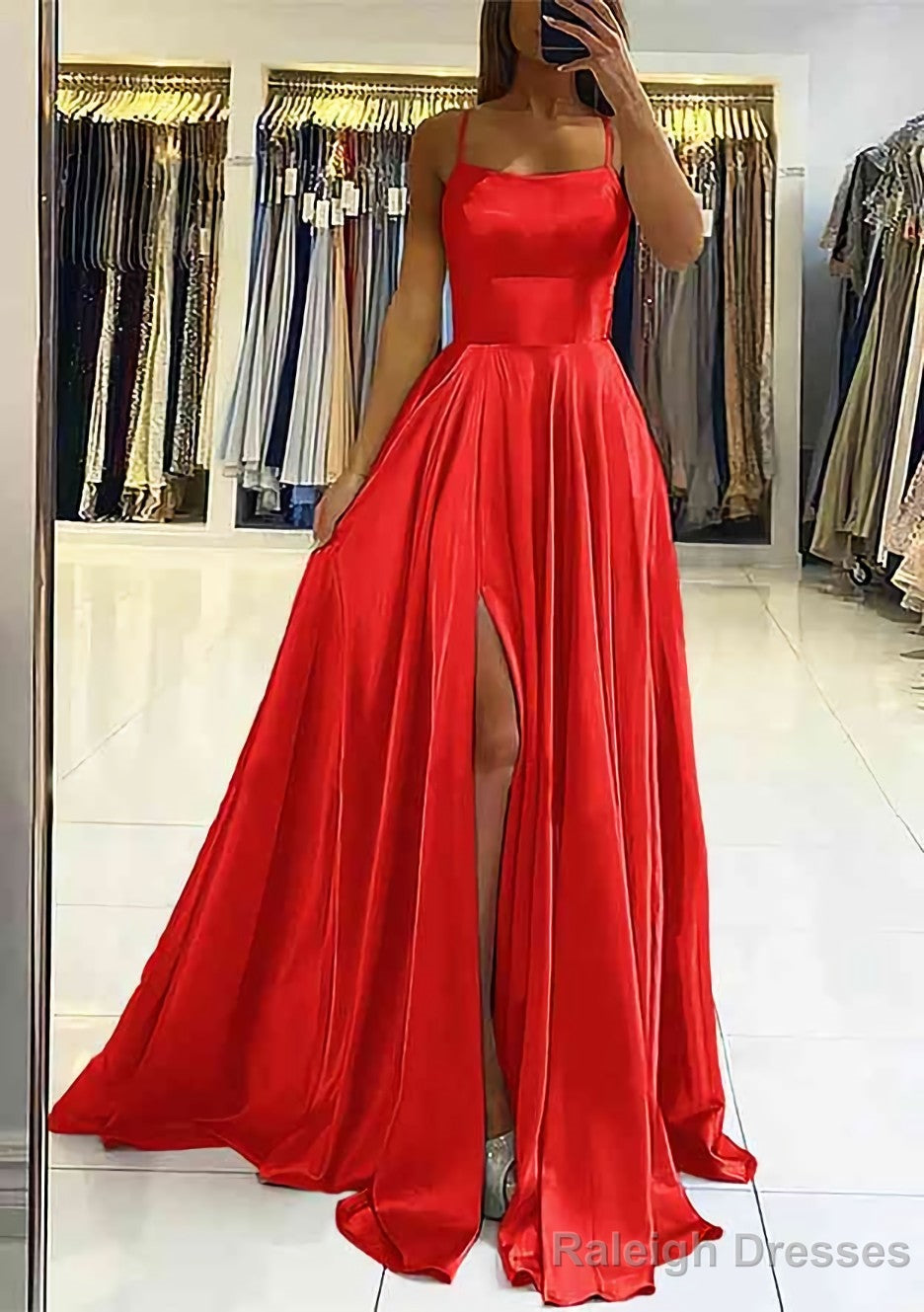 A-line Square Neckline Sleeveless Satin Sweep Train Prom Dresses With Pleated