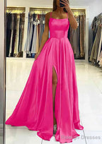 A Line Square Neckline Sleeveless Satin Sweep Train Prom Dress With Pleated