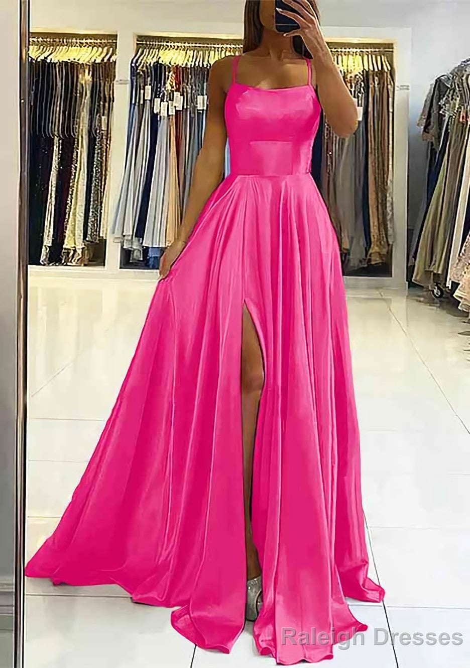 A Line Square Neckline Sleeveless Satin Sweep Train Prom Dress With Pleated