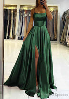 A Line Square Neckline Sleeveless Satin Sweep Train Prom Dress With Pleated