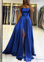 A Line Square Neckline Sleeveless Satin Sweep Train Prom Dress With Pleated