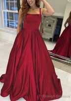 A Line Square Neckline Sleeveless Sweep Train Satin Prom Dress With Pockets