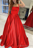 A Line Square Neckline Sleeveless Sweep Train Satin Prom Dress With Pockets