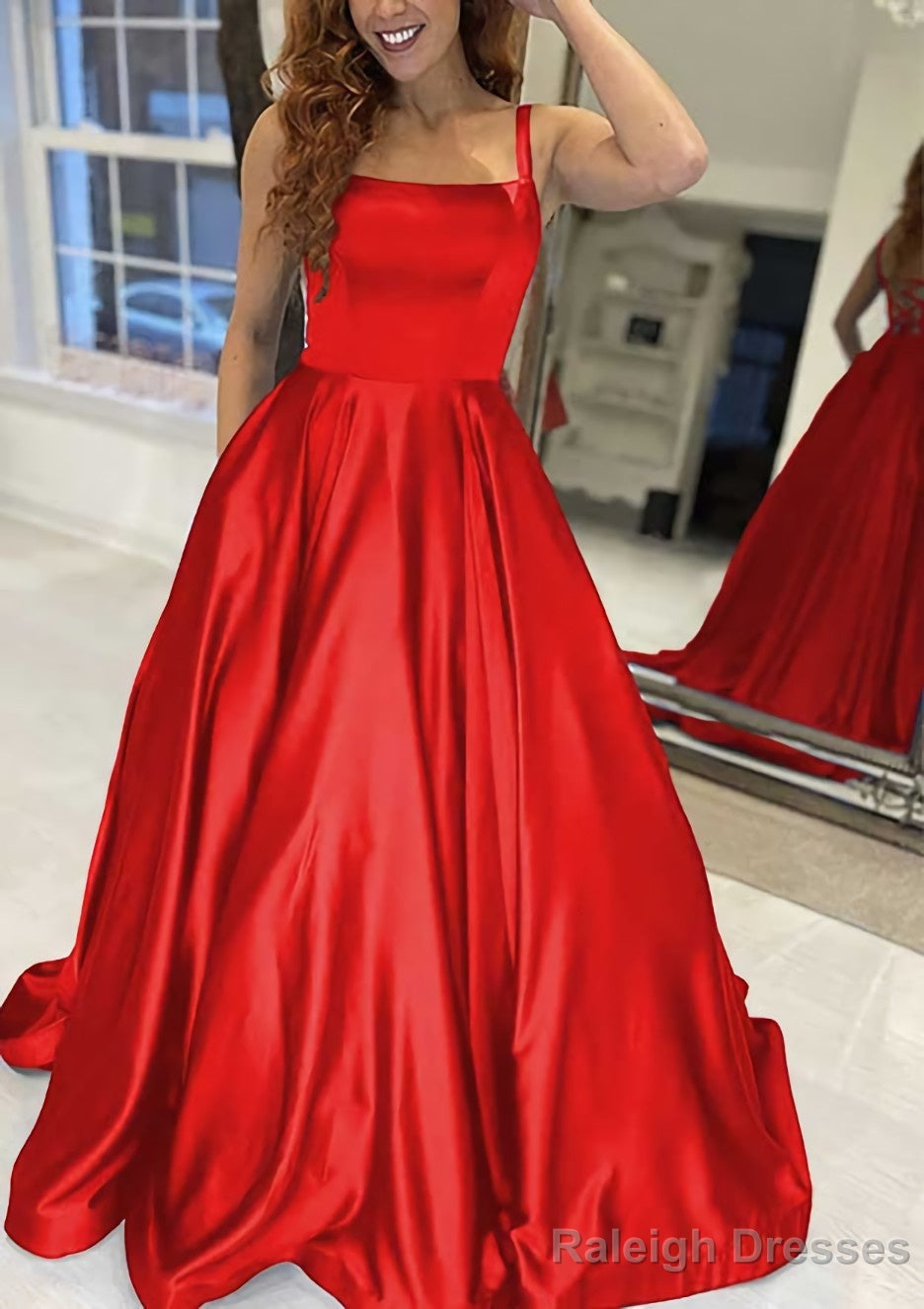 A Line Square Neckline Sleeveless Sweep Train Satin Prom Dress With Pockets