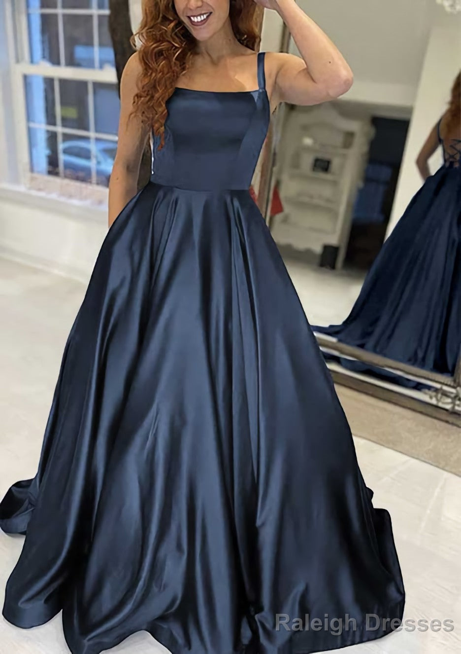 A-line Square Neckline Sleeveless Sweep Train Satin Prom Dresses With Pockets