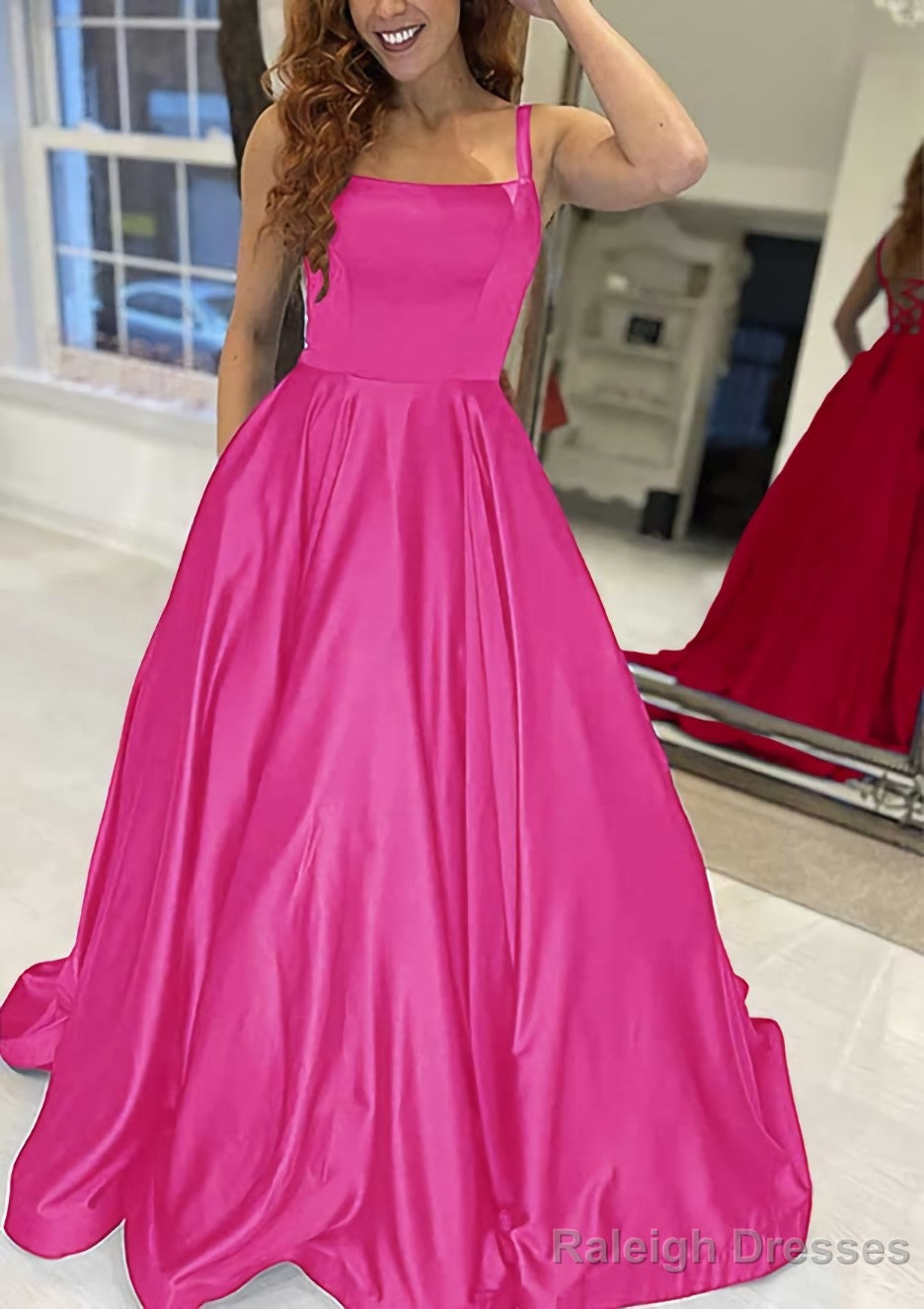 A-line Square Neckline Sleeveless Sweep Train Satin Prom Dresses With Pockets