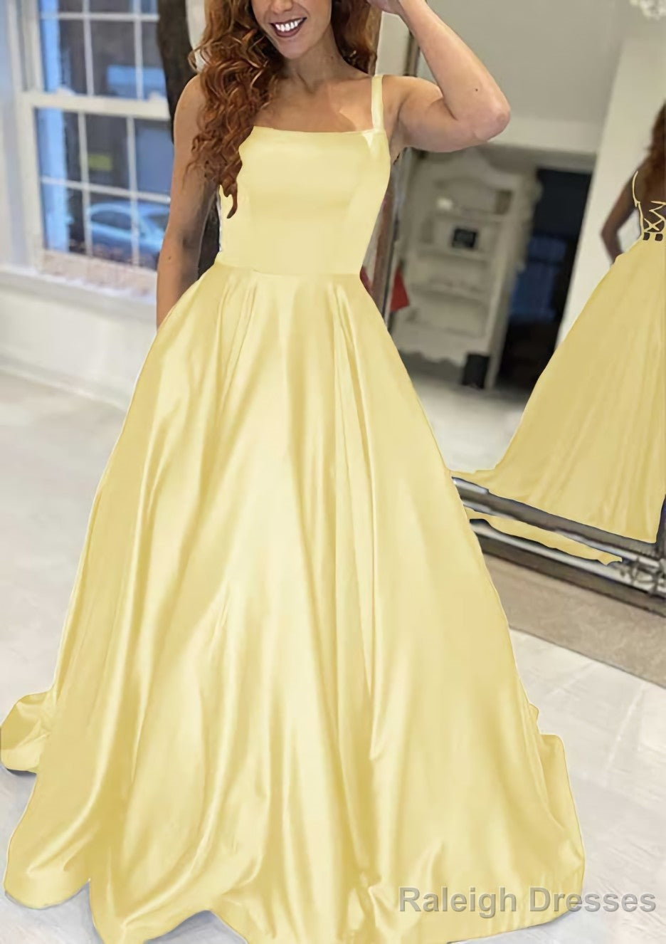 A Line Square Neckline Sleeveless Sweep Train Satin Prom Dress With Pockets