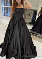 A Line Square Neckline Sleeveless Sweep Train Satin Prom Dress With Pockets