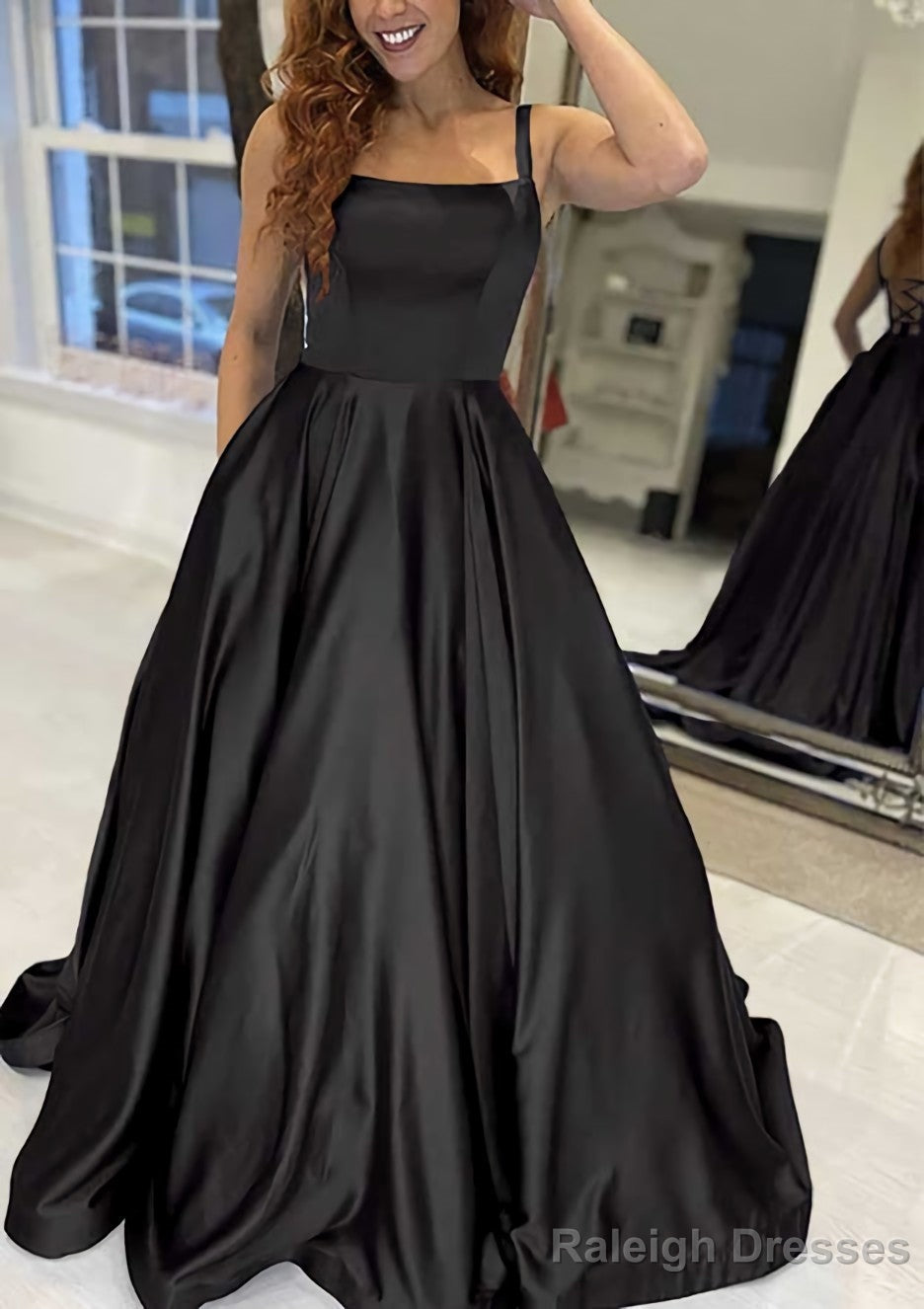 A Line Square Neckline Sleeveless Sweep Train Satin Prom Dress With Pockets