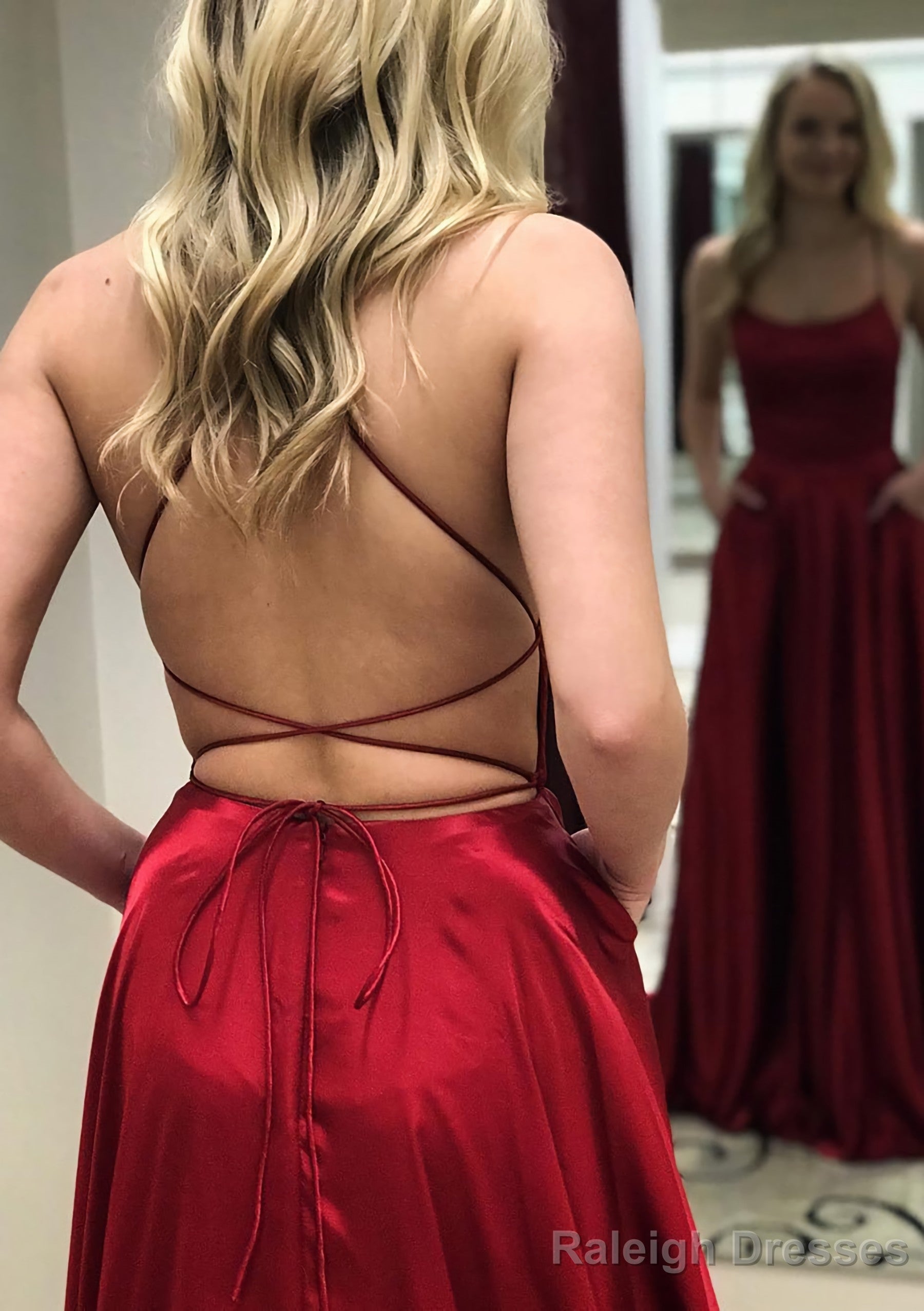 A Line Square Neckline Spaghetti Straps Long Dress Floor Length Charmeuse Prom Dress With Split Main image