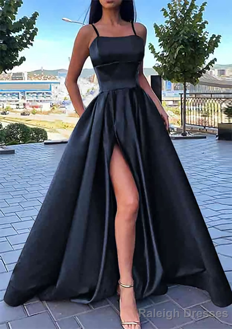 A-line Square Neckline Spaghetti Straps Long/Floor-Length Satin Prom Dresses With Split Pockets