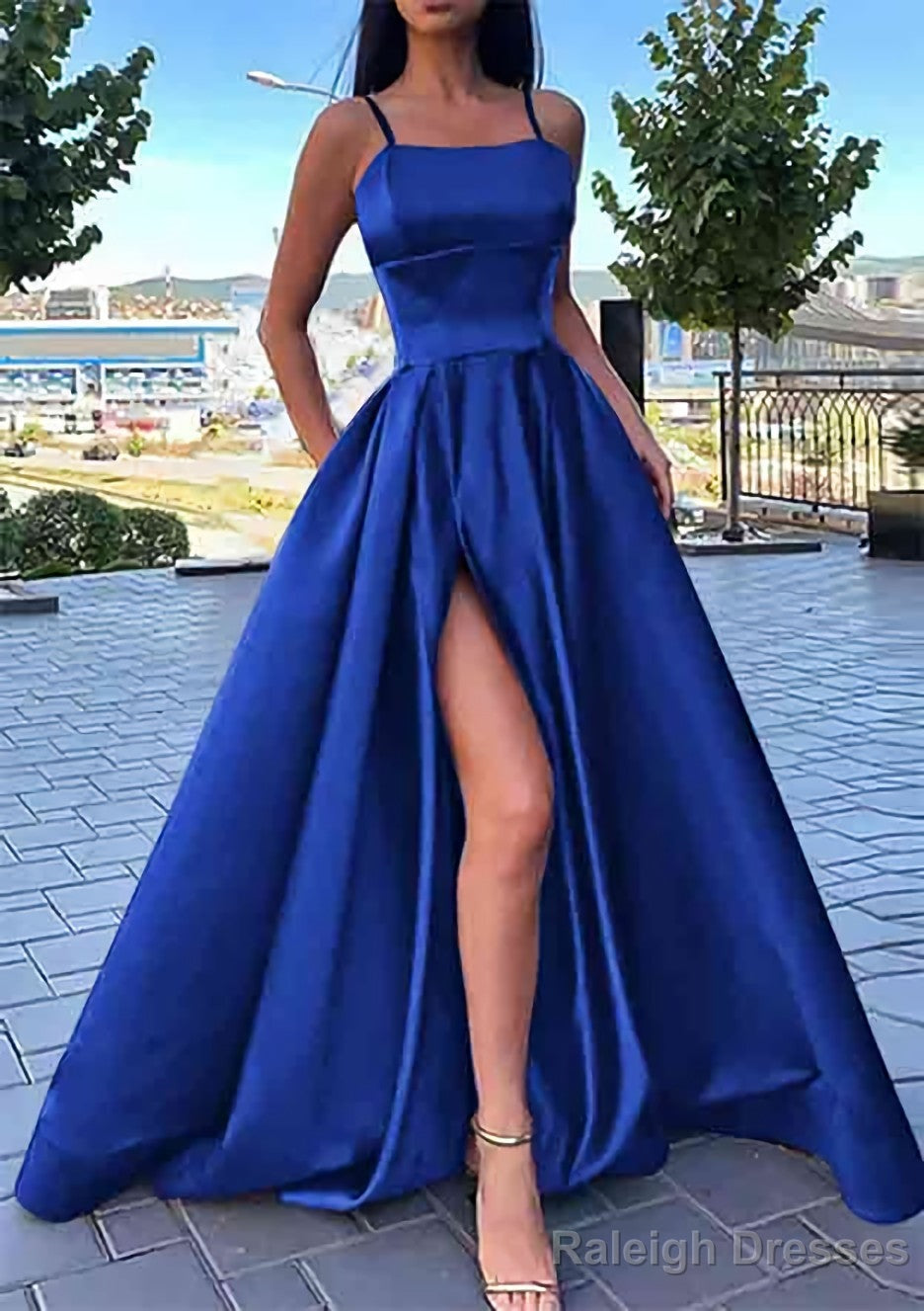 A-line Square Neckline Spaghetti Straps Long/Floor-Length Satin Prom Dresses With Split Pockets